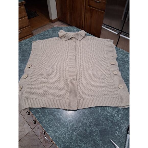 McDuff Neutral Tan Open Snap Front Poncho Wool Cashmere Mock Neck Sweater S/M - Picture 1 of 16